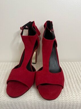 DKNY Red Suede High Heel Sandals with Ankle Strap size 11